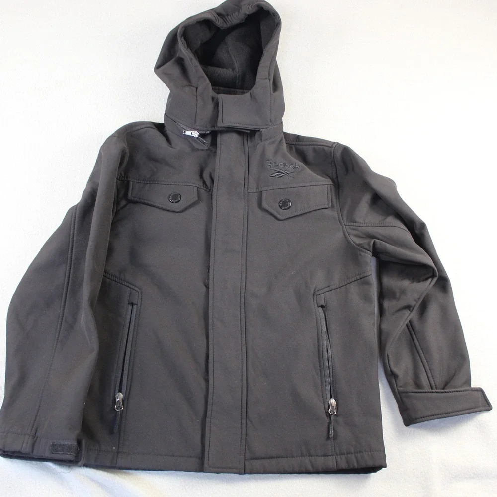 Reebok Softshell Jacket Boys Size 8 Black Excellent Fleece Lined Hooded Coat
